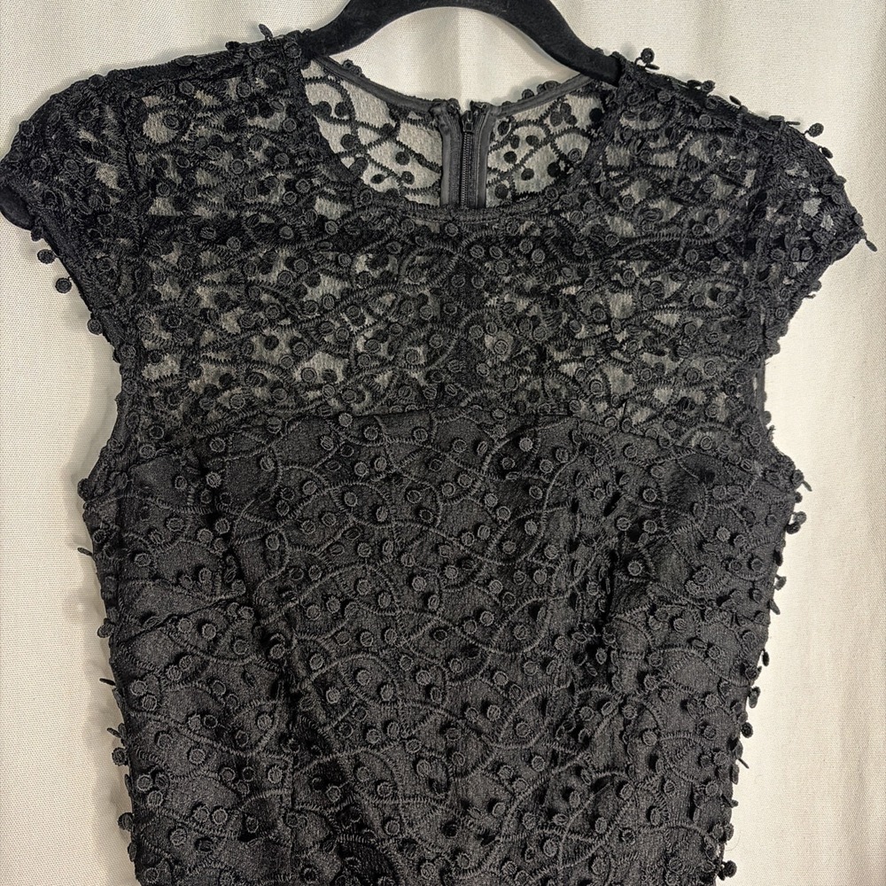 Calvin Klein Black Lace Sheath Dress Belted Cap Sleeve Whimsigoth Party Evening